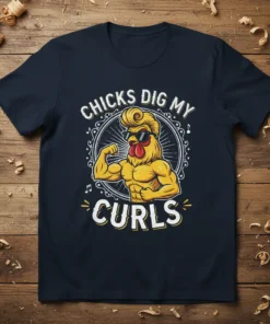 Chicks Dig My Curls funny chicken t-shirt design with a muscular rooster flexing his biceps