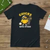 Chicks With Sticks funny golf t-shirt design featuring a cartoon chick with sunglasses and a golf bag