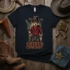 Chihuahua Cowboy T-Shirt featuring a chihuahua dog wearing a cowboy hat and holding a pistol, with text "Chihuahua Cowboy"