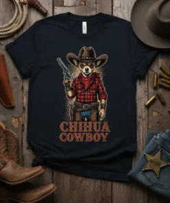 Chihuahua Cowboy T-Shirt featuring a chihuahua dog wearing a cowboy hat and holding a pistol, with text "Chihuahua Cowboy"