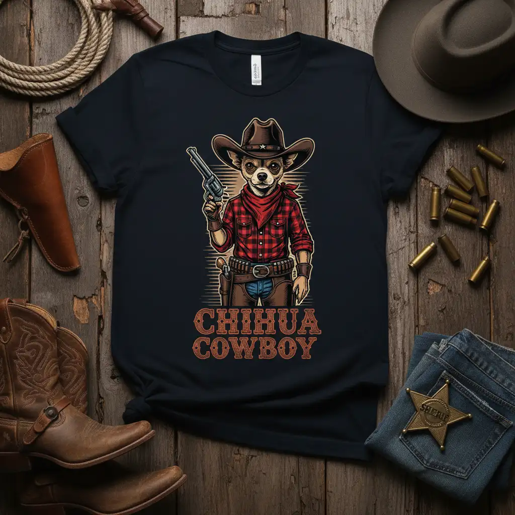 Chihuahua Cowboy design with a dog in a cowboy hat holding a gun, perfect for western dog lovers