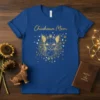 Chihuahua Mom T-Shirt with glittery gold chihuahua face and paw prints graphic