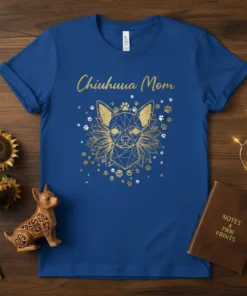Chihuahua Mom T-Shirt with glittery gold chihuahua face and paw prints graphic