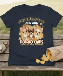 Chihuahuas Are Like Potato Chips You Can't Have Just One quote with three cute chihuahua dogs and a bag of