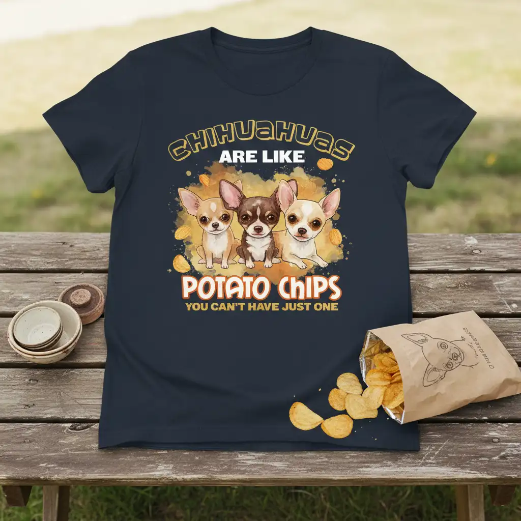 Chihuahuas Are Like Potato Chips You Can't Have Just One humorous quote with three cute chihuahua dogs illustration