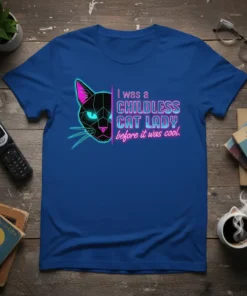 I was a CHILDLESS CAT LADY before it was cool text with geometric cat graphic on a blue t-shirt
