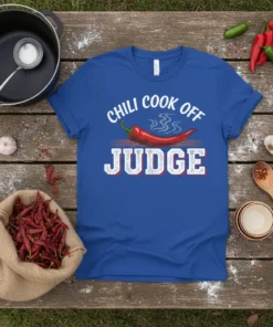 Chili Cook Off Judge t-shirt with white text and a red chili pepper graphic