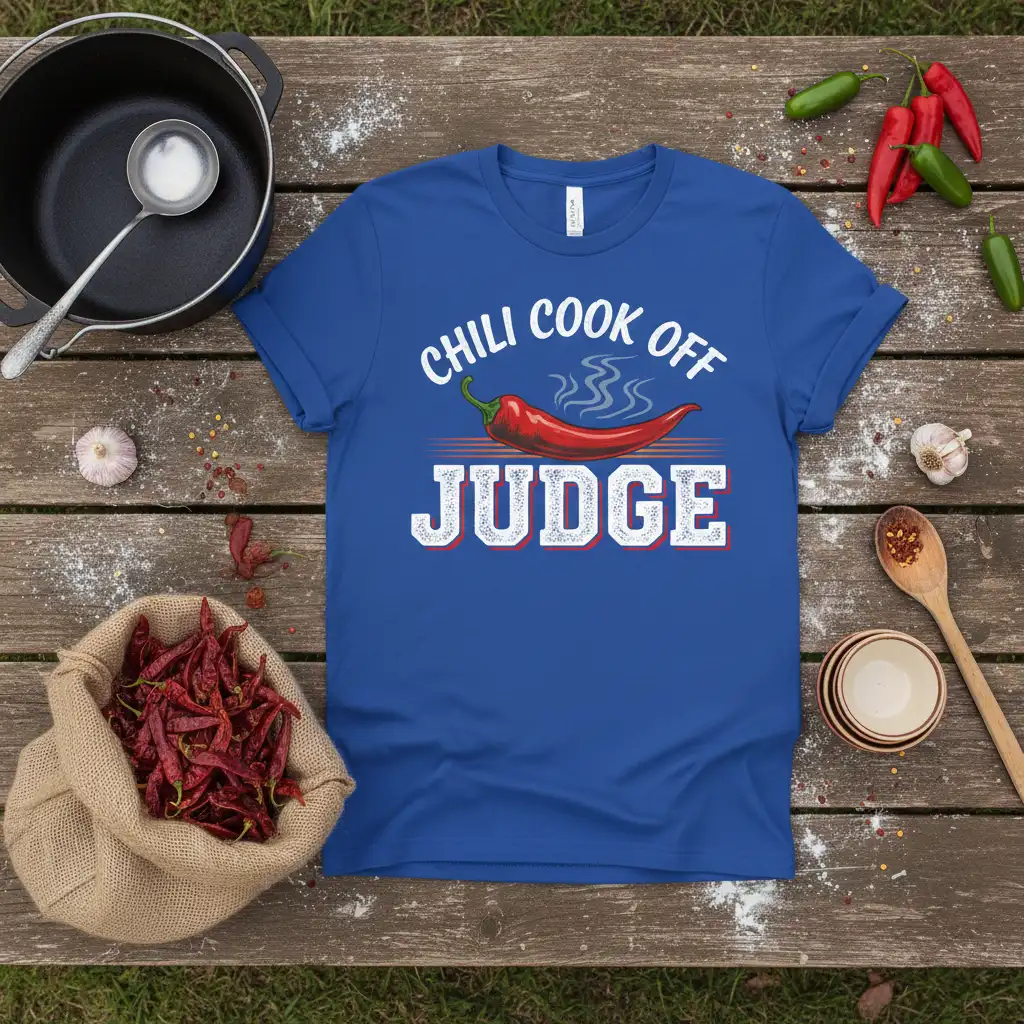 Chili Cook Off Judge t-shirt design featuring bold white text and a graphic of a steaming red chili pepper