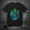 Black t-shirt with "Chill" text and a gnome smoking a pipe, surrounded by neon green cannabis leaves