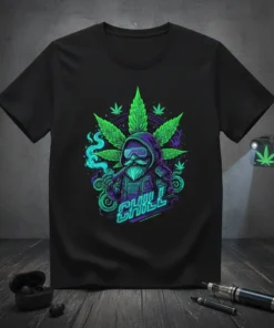Black t-shirt with "Chill" text and a gnome smoking a pipe, surrounded by neon green cannabis leaves