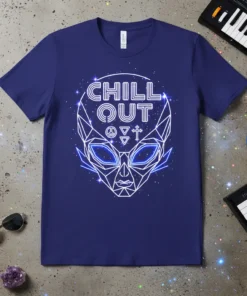 Geometric alien head design with "CHILL OUT" text, celestial stars, and geometric symbols on a navy blue t-shirt