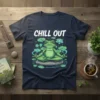 Chill Out text with meditating frog and lily pads on a navy t-shirt, perfect for yoga and mindfulness enthusiasts