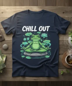 Chill Out text with meditating frog and lily pads on a navy t-shirt, perfect for yoga and mindfulness enthusiasts