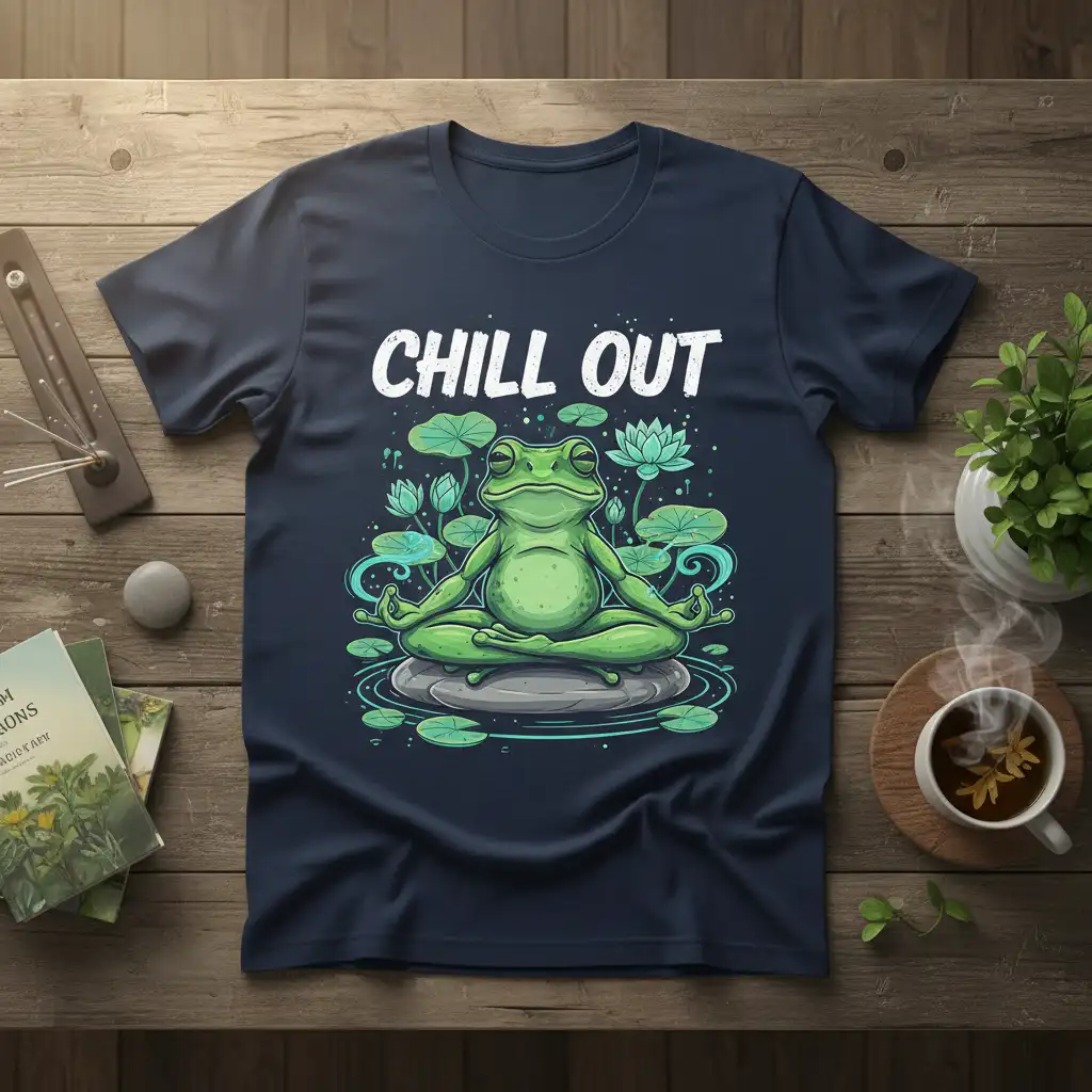 Chill Out text and meditating frog illustration on a navy blue t-shirt, promoting yoga and mindfulness