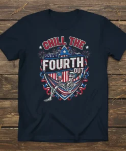 Chill The Fourth Out t-shirt design with a skeleton relaxing in a hammock, holding an American flag drink, surrounded by