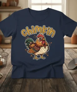 Chimkin T-Shirt design with a cartoon rooster and the word "Chimkin" in yellow lettering, perfect for chicken lovers