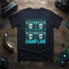 Chimp Life t-shirt design with four stylized monkeys wearing sunglasses, featuring bright blue and green neon outlines