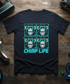 Chimp Life t-shirt design with four stylized monkeys wearing sunglasses, featuring bright blue and green neon outlines
