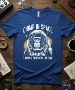 Chimp in Space Launch Protocol Active t-shirt design featuring a chimpanzee astronaut in a detailed suit