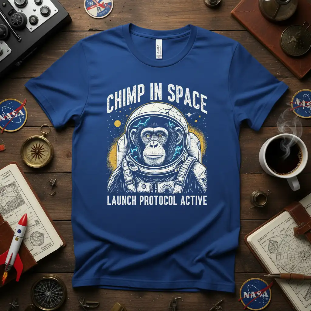 Chimp In Space Launch Protocol Active text with astronaut chimpanzee graphic on a blue t-shirt