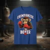 Chimpanzee Boxer T-Shirt design featuring a chimpanzee wearing boxing gloves and shorts, with "Chimpanzee Boxer" text