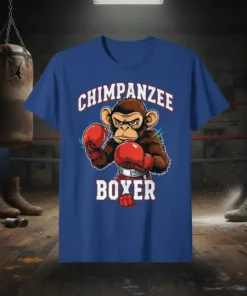 Chimpanzee Boxer T-Shirt design featuring a chimpanzee wearing boxing gloves and shorts, with "Chimpanzee Boxer" text