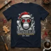 Chimpanzee Claus Holiday Hangouts Est. 2024 t-shirt with a chimpanzee wearing sunglasses and a Santa hat