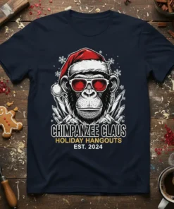 Chimpanzee Claus Holiday Hangouts Est. 2024 t-shirt with a chimpanzee wearing sunglasses and a Santa hat