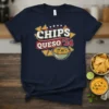 Chips Queso '24 t-shirt design featuring text and a bowl of queso with tortilla chips, stars, and red banner