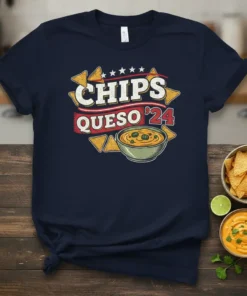 Chips Queso '24 t-shirt design featuring text and a bowl of queso with tortilla chips, stars, and red banner