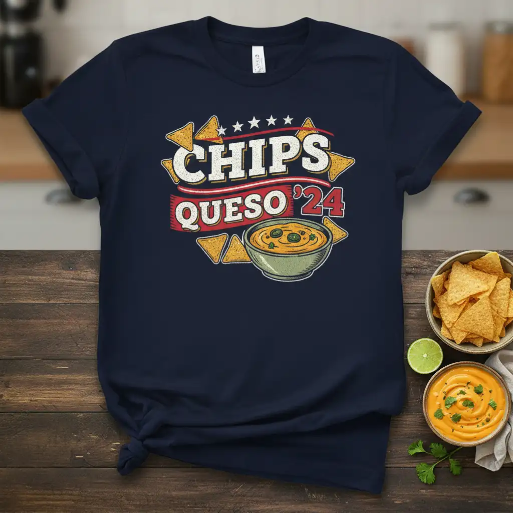 Chips Queso '24 political parody t-shirt design with tortilla chips and queso graphic
