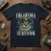 Chlamydia Survivor T-Shirt with a cat wearing a biohazard helmet and lightning background