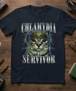 Chlamydia Survivor T-Shirt with a cat wearing a biohazard helmet and lightning background