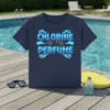 Chlorine Is My Perfume text design with blue water splashes on a navy t-shirt, perfect for swimmers