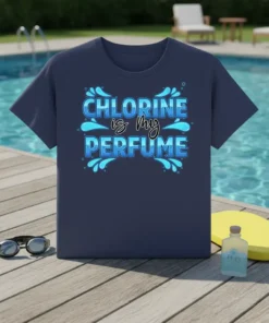 Chlorine Is My Perfume text design with blue water splashes on a navy t-shirt, perfect for swimmers