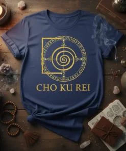 Navy blue t-shirt with gold glitter "CHO KU REI" text and a circular reiki symbol featuring runes and a spiral