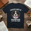 Bernese Mountain Dog t-shirt with "Chocolate & White Fur Big Black Nose Floppy Pink Tongue" text and dog graphic