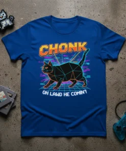 Chonk Oh Lawd He Comin' funny cat meme t-shirt with retro geometric cat design