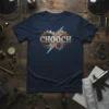 Navy blue t-shirt with "CHOOCH" text in a vintage font, surrounded by gears and a bright lightning bolt graphic