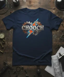 Navy blue t-shirt with "CHOOCH" text in a vintage font, surrounded by gears and a bright lightning bolt graphic