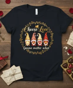 Black t-shirt with "Choose Love Gnome matter what" text and four cute gnomes holding hearts, framed by a golden wreath