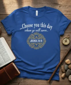 Blue t-shirt with white text quote "...Choose you this day whom ye will serve.." and ornate golden emblem with "JOSHUA