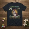 Christian Easter t-shirt design with text "Christ Is Risen He Lives" and Jesus carrying the cross, surrounded by Easter eggs