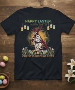 Christian Easter t-shirt design with text "Christ Is Risen He Lives" and Jesus carrying the cross, surrounded by Easter eggs