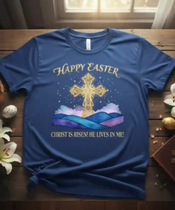 Happy Easter t-shirt with "Christ Is Risen! He Lives In Me!" quote, golden cross, and watercolor landscape