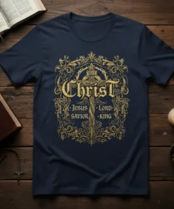 Navy t-shirt with ornate gold design featuring the text "Christ Jesus Lord Savior King" and a cross graphic