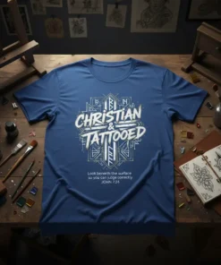 Christian & Tattooed John 7:24 t-shirt design featuring bold white text and a distressed cross graphic