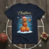 Christmas Basketball Snowman T-Shirt with festive holiday design, Santa hat, scarf, and basketball hoop