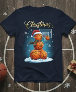 Christmas Basketball Snowman T-Shirt with festive holiday design, Santa hat, scarf, and basketball hoop