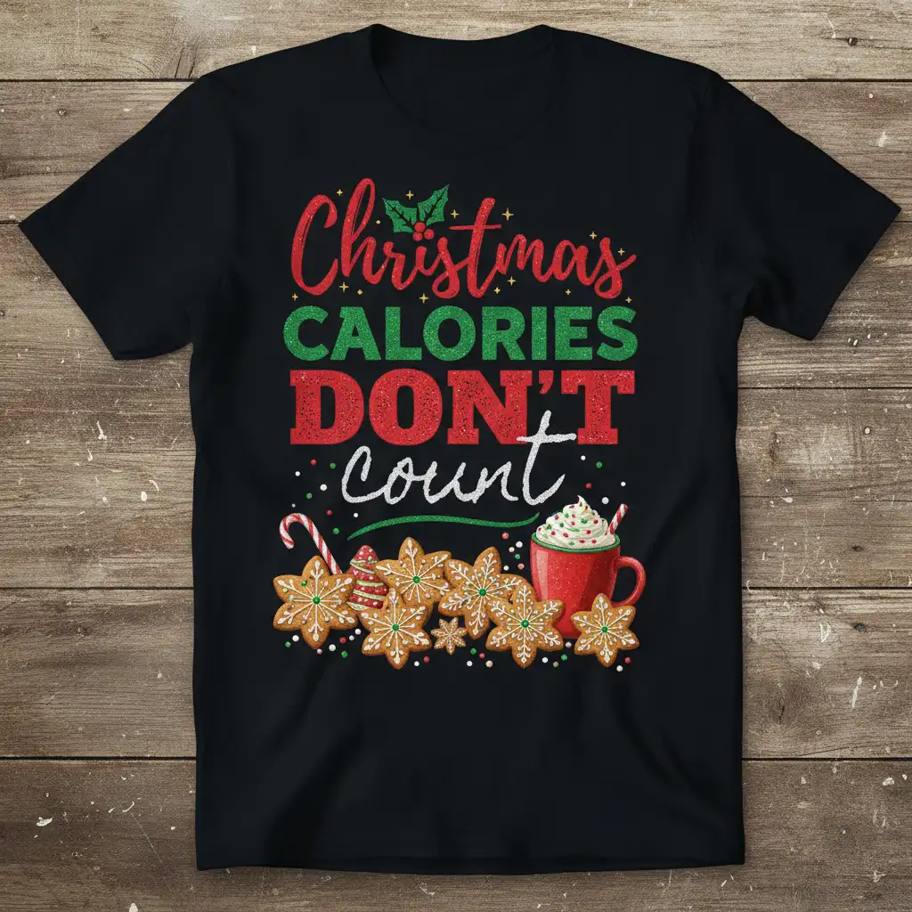 Christmas Calories Don't Count text design with festive cookies and hot cocoa graphic